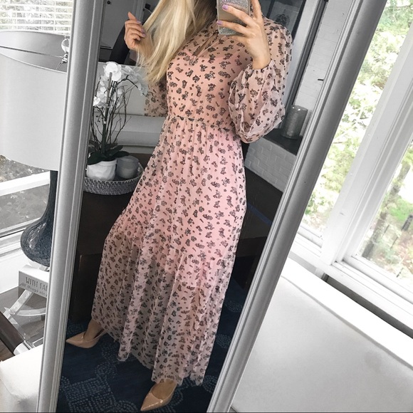 🆕BLUSH FLORAL FISHNET HIGH NECK LONG SLEEVE DRESS - Picture 6 of 11